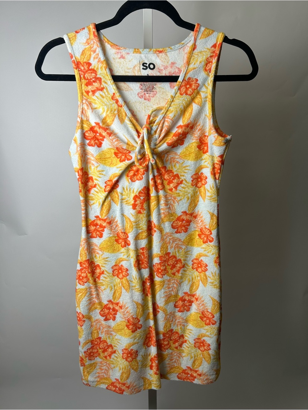 SO Tropical Floral Knot-Front Tank Dress in Orange & Yellow on White